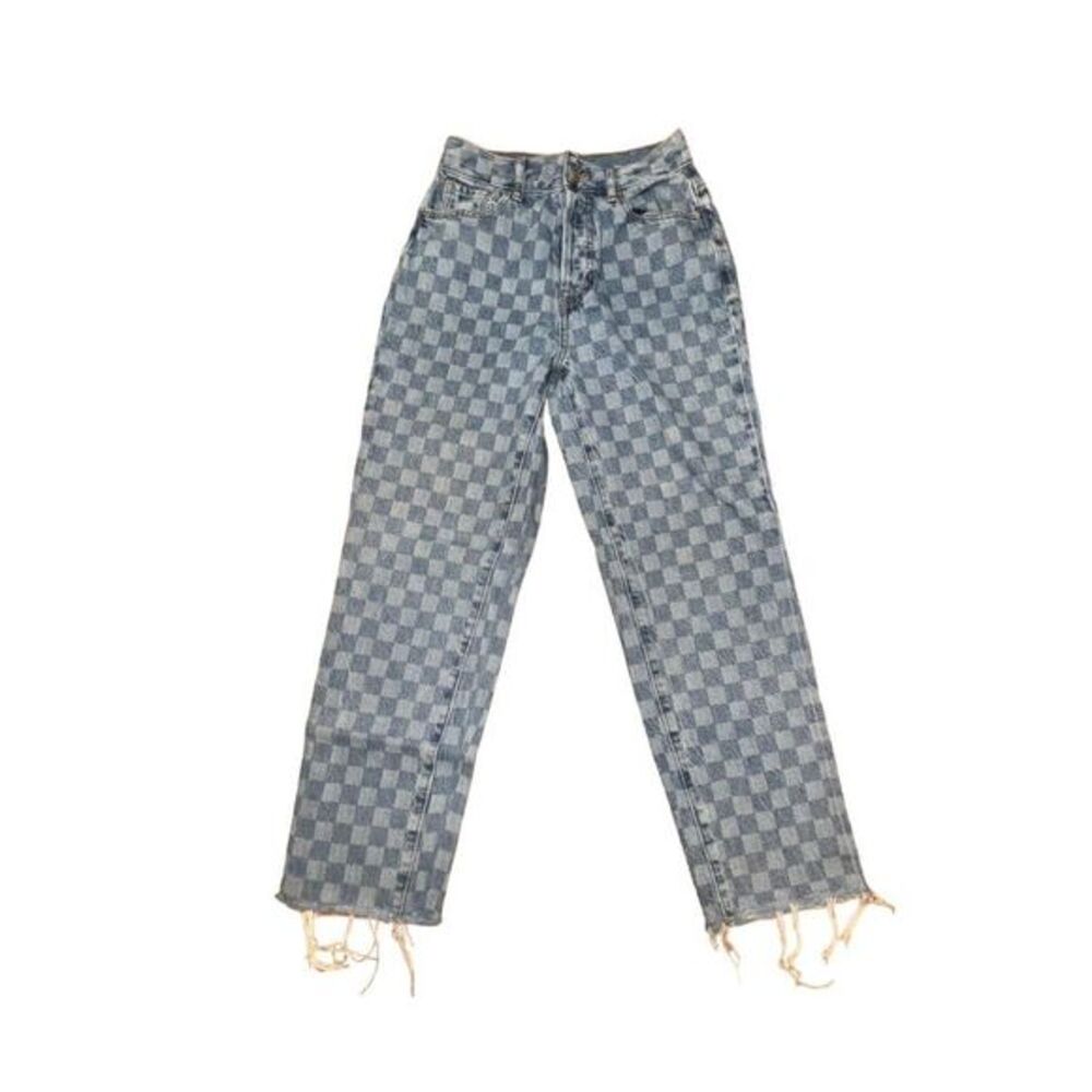 Womans checkered Pacsun mom jeans size 25 high rise straight button fly fray hem